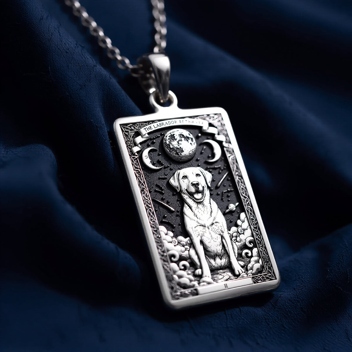 Artisan showcase of 925 Sterling Silver Labrador Retriever Dog Tarot Card Rectangle Pendant Necklace, premium solid hypoallergenic 925 sterling silver for daily wear.