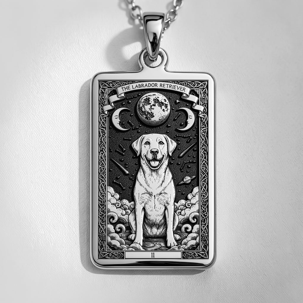 Studio front view of 925 Sterling Silver Labrador Retriever Dog Tarot Card Rectangle Pendant Necklace, featuring Loyal Dog Memorial & Wildlife Nature Spirit Animal Jewelry with crisp engraved relief details.