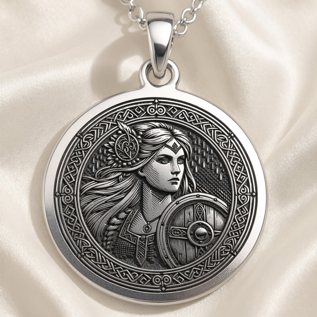 Lagertha Shield Viking Wayfinder Necklace Necklaces 925 925 Sterling Silver round pendant with intricate warrior portrait design on a chain.