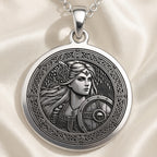 Lagertha Shield Viking Wayfinder Necklace Necklaces 925 925 Sterling Silver round pendant with intricate warrior portrait design on a chain.