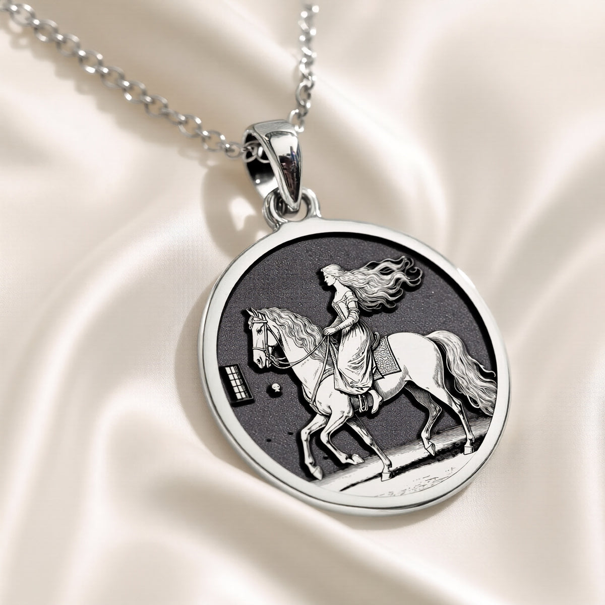 Lady Godiva Horse Rider Coin Pendant Necklaces 925 925 Sterling Silver sterling silver woman riding horse oval pendant necklace