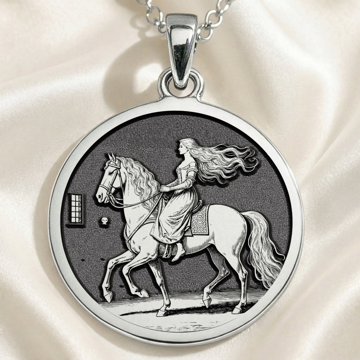 Lady Godiva Horse Rider Coin Pendant Necklaces 925 925 Sterling Silver pendant featuring a woman riding a horse engraving on a round disc.