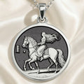 Lady Godiva Horse Rider Coin Pendant Necklaces 925 925 Sterling Silver pendant featuring a woman riding a horse engraving on a round disc.