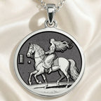 Lady Godiva Horse Rider Coin Pendant Necklaces 925 925 Sterling Silver pendant featuring a woman riding a horse engraving on a round disc.