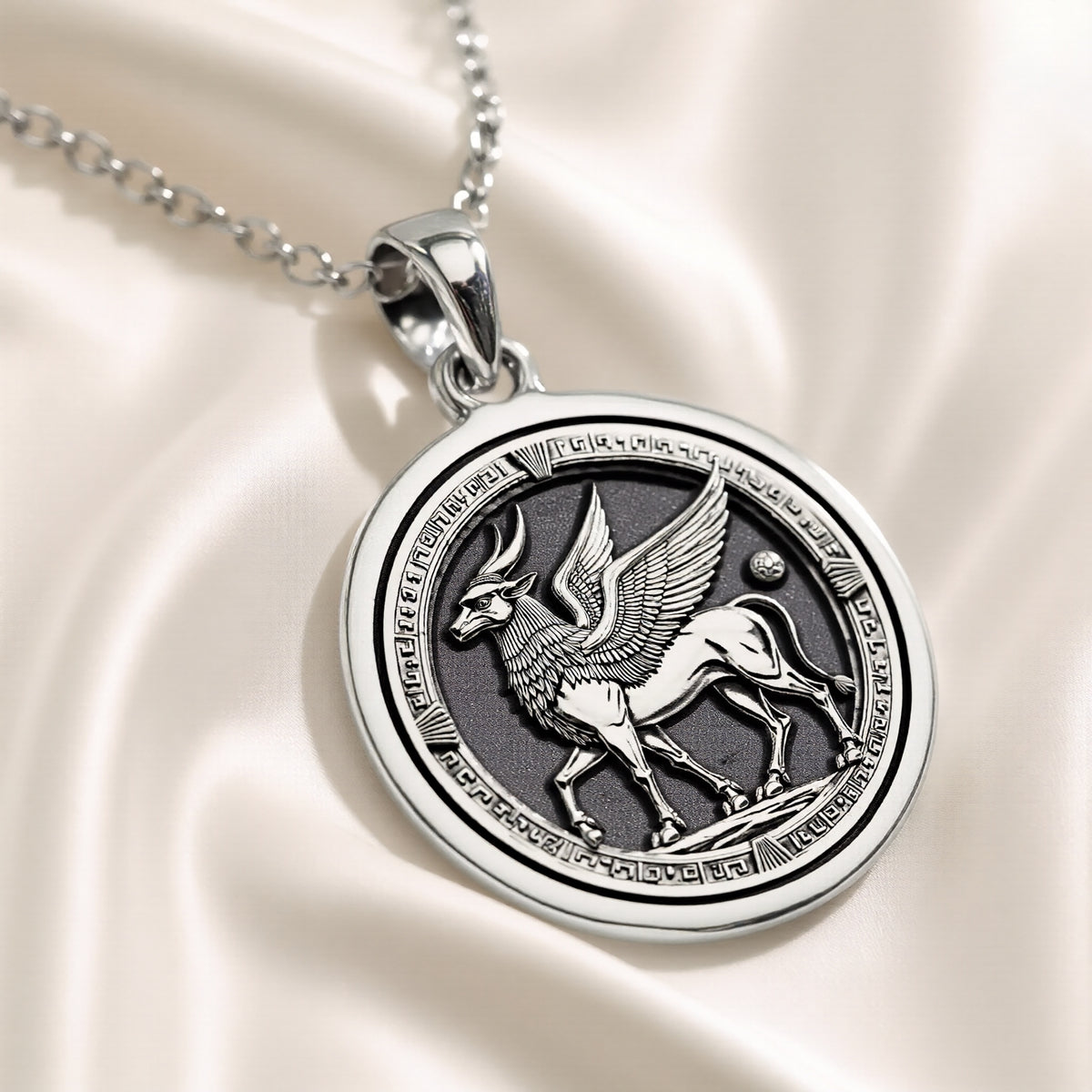 Silver-toned circular pendant featuring an ancient Egyptian winged creature motif standing on a base, detailed with surrounding text and borders. The pendant is attached to a silver chain and displayed against a dark background