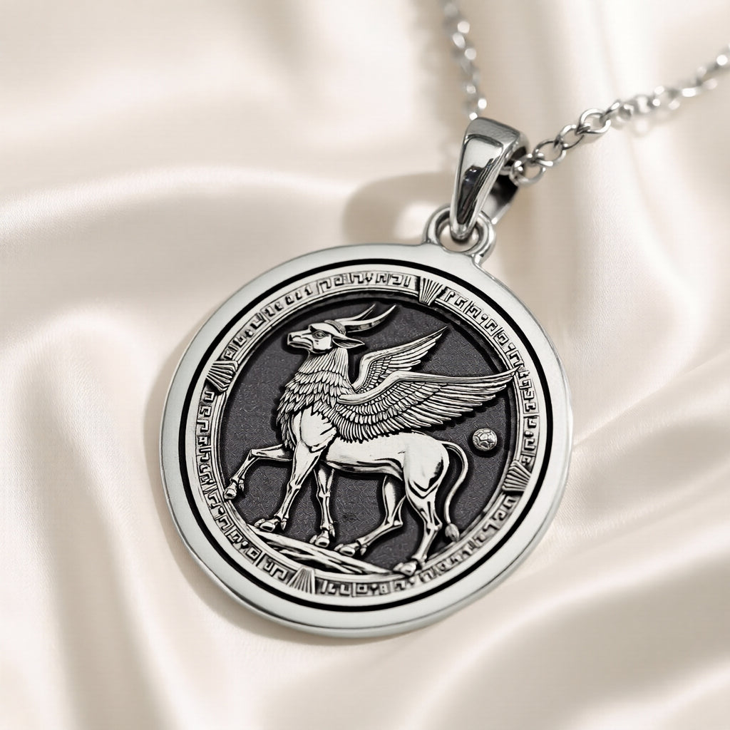 Silver-toned circular pendant featuring an ancient Egyptian winged creature motif standing on a base, detailed with surrounding text and borders. The pendant is attached to a silver chain and displayed against a dark background