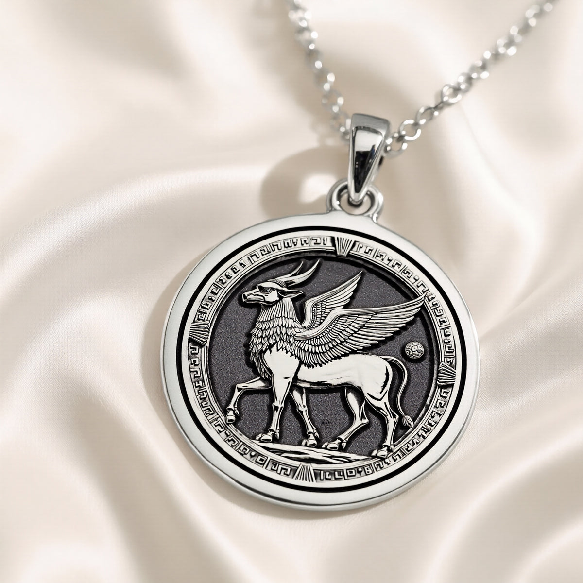 Silver pendant featuring a detailed Lamassu guardian design with an ornate surface finish. The pendant is shown from a slight angle, resting on a dark green velvet fabric and a thin chain is visible