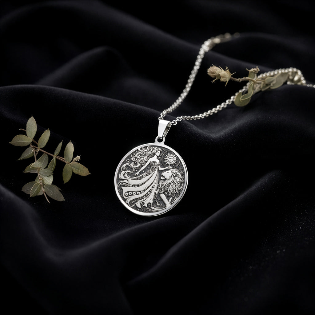 Leo Zodiac Sign Pendant Necklaces 925 925 Sterling Silver round pendant with ornate classical figure design on dark fabric.