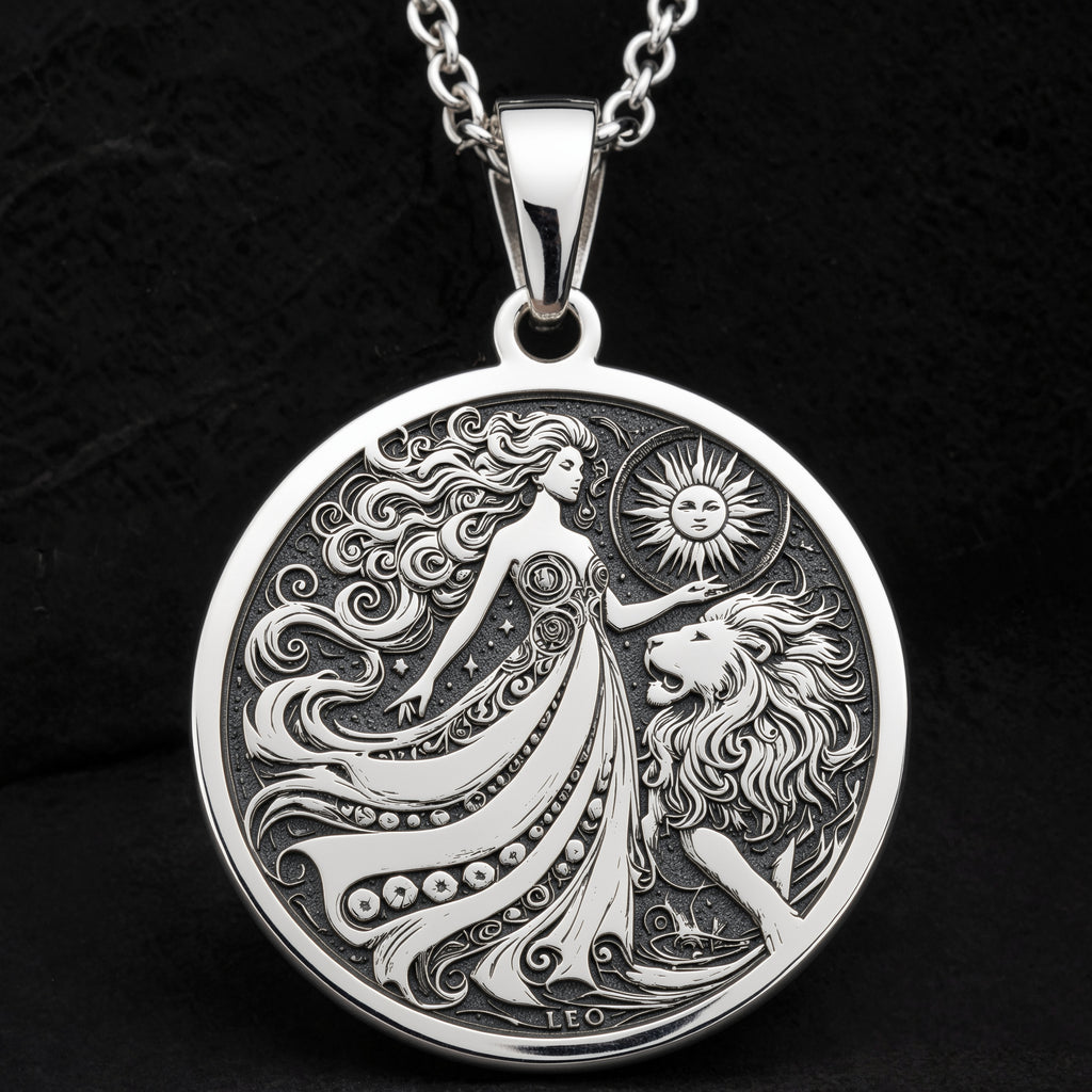 Leo Zodiac Sign Pendant Necklaces 925 925 Sterling Silver sterling silver pendant featuring a mythological female figure and lion design.