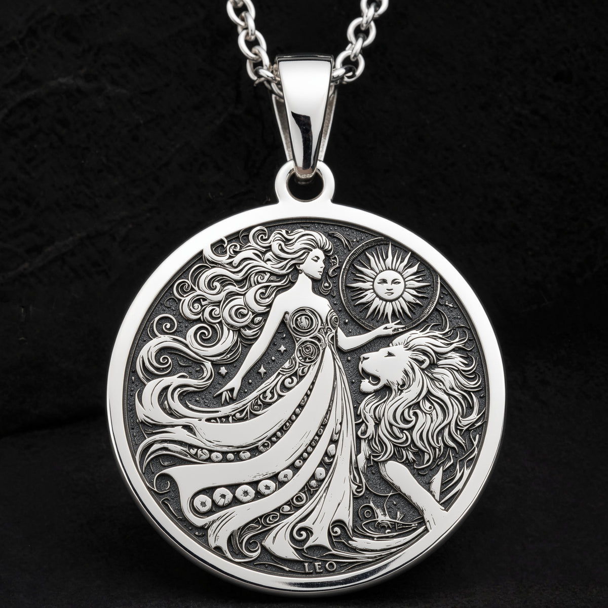 Leo Zodiac Sign Pendant Necklaces 925 925 Sterling Silver sterling silver pendant featuring a mythological female figure and lion design.
