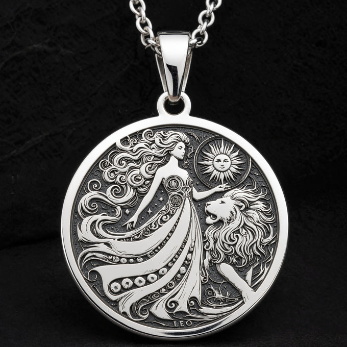 Leo Zodiac Sign Pendant Necklaces 925 925 Sterling Silver sterling silver pendant featuring a mythological female figure and lion design.