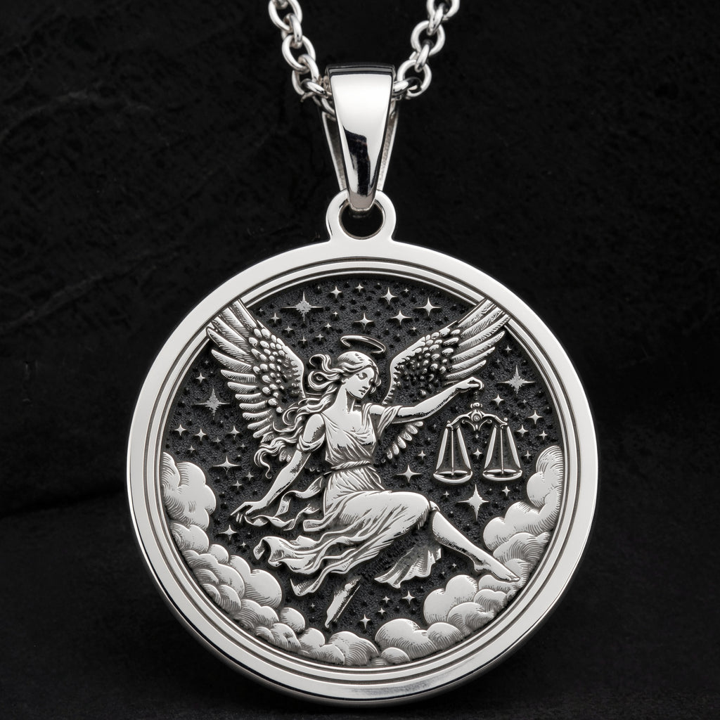 Libra Zodiac Astrological Sign Necklace Necklaces 925 925 Sterling Silver winged goddess holding scales pendant necklace with starry celestial design