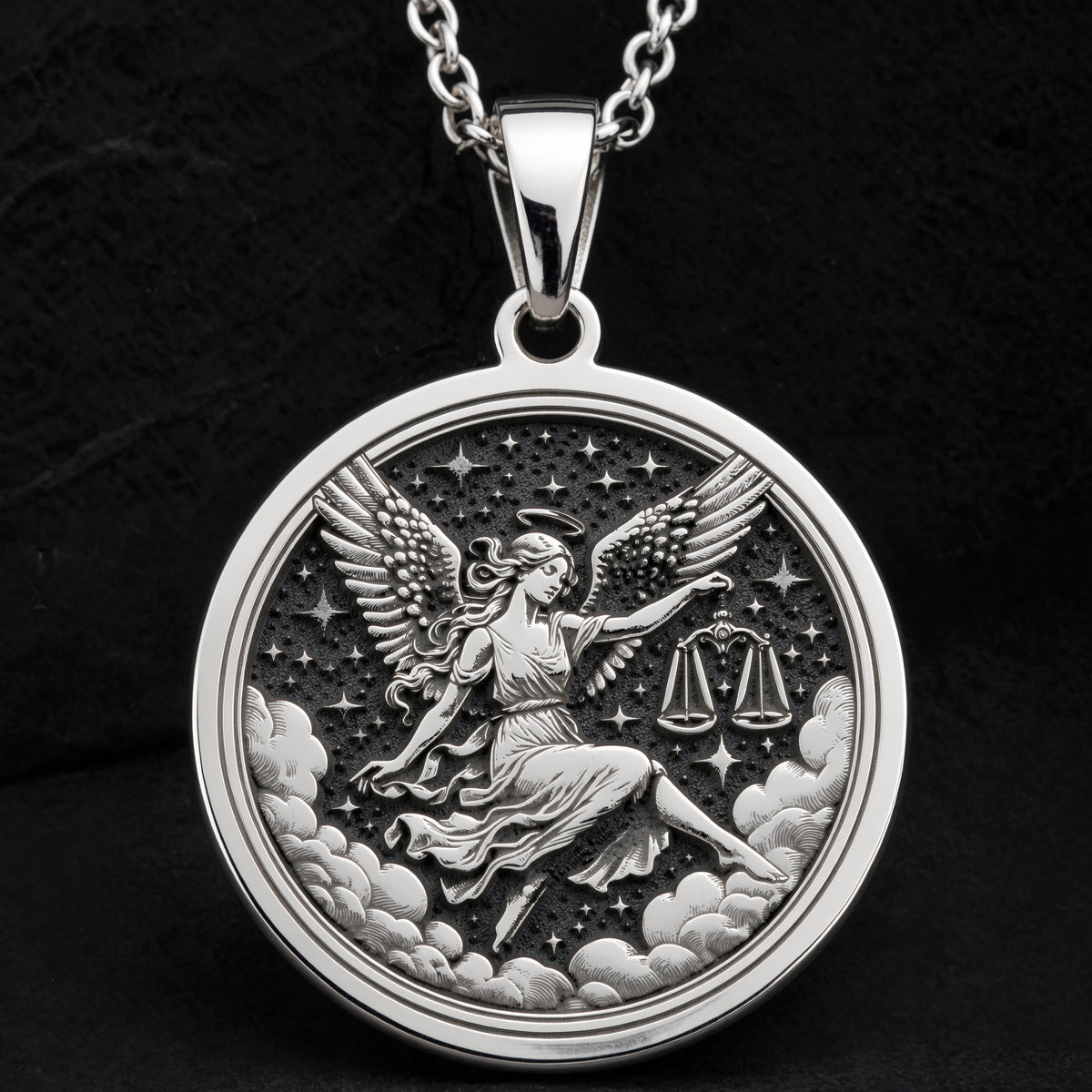Libra Zodiac Astrological Sign Necklace Necklaces 925 925 Sterling Silver winged goddess holding scales pendant necklace with starry celestial design