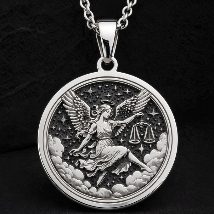 Libra Zodiac Astrological Sign Necklace Necklaces 925 925 Sterling Silver winged goddess holding scales pendant necklace with starry celestial design