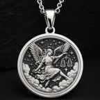 Libra Zodiac Astrological Sign Necklace Necklaces 925 925 Sterling Silver winged goddess holding scales pendant necklace with starry celestial design