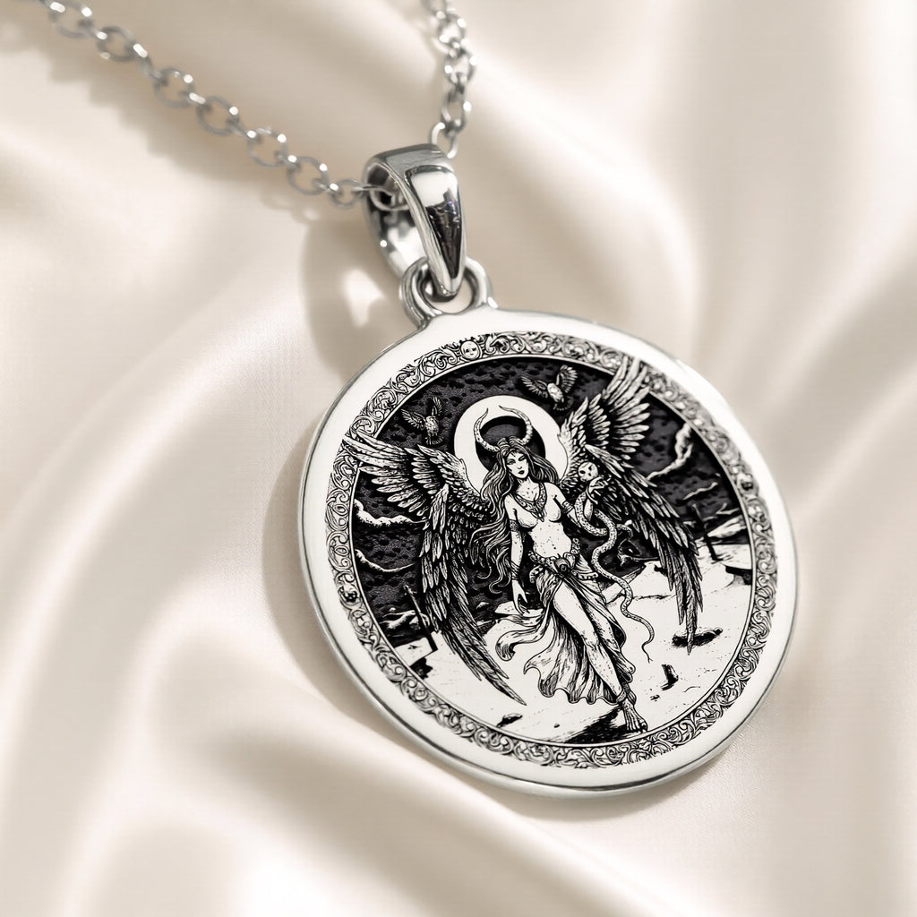 Lilith Rebel Goddess Coin Pendant Necklaces 925 925 Sterling Silver winged female figure pendant necklace with celestial design