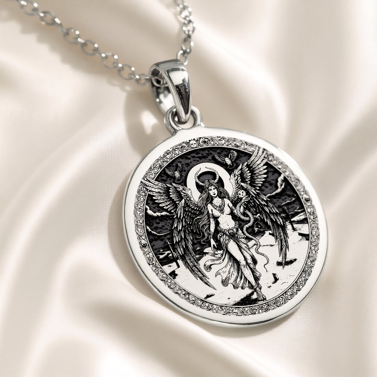 Lilith Rebel Goddess Coin Pendant Necklaces 925 925 Sterling Silver winged female figure pendant necklace with celestial design