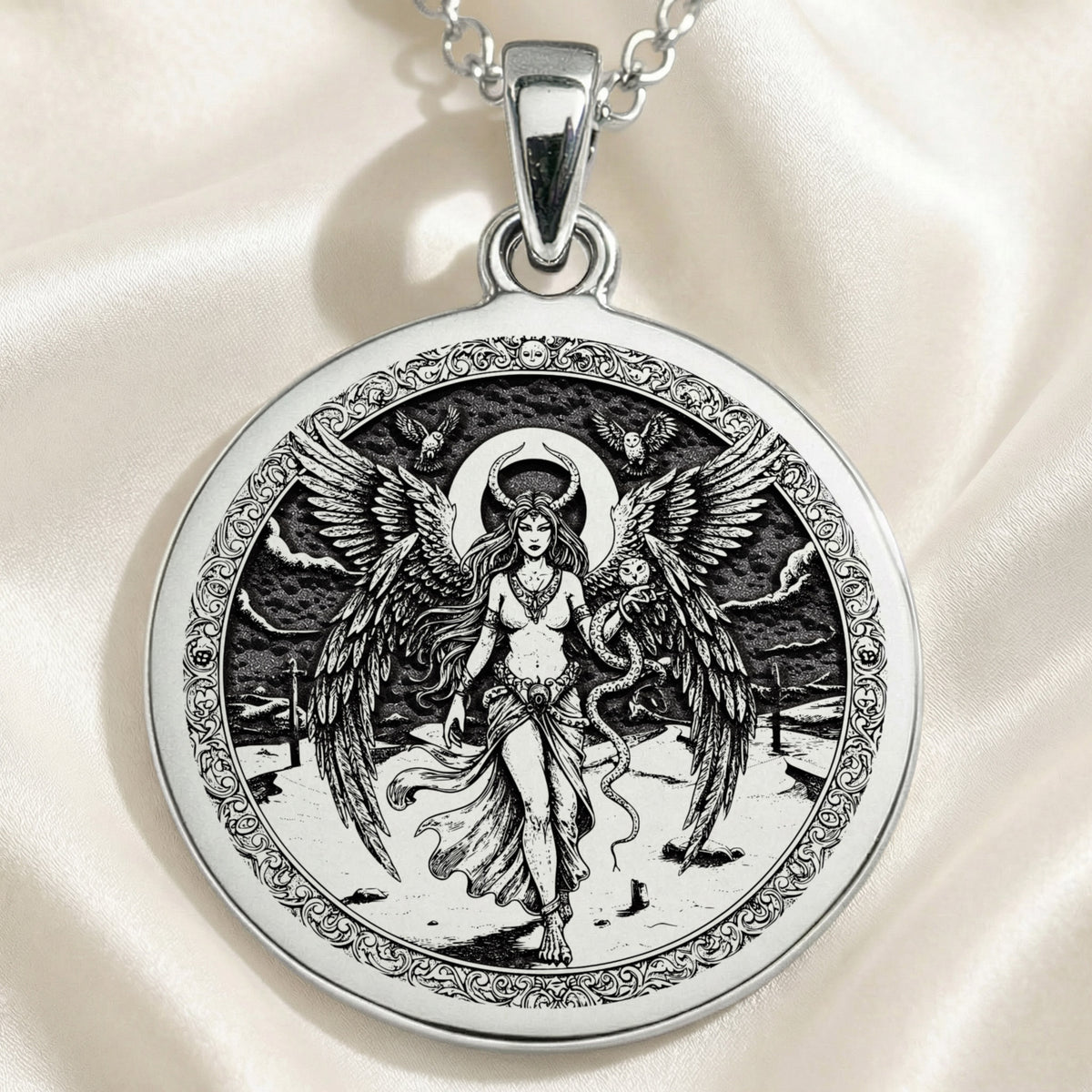 Lilith Rebel Goddess Coin Pendant Necklaces 925 925 Sterling Silver winged goddess pendant with flowing drapery and serpentine design necklace