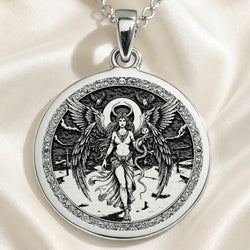Lilith Rebel Goddess Coin Pendant Necklaces 925 925 Sterling Silver winged goddess pendant with flowing drapery and serpentine design necklace
