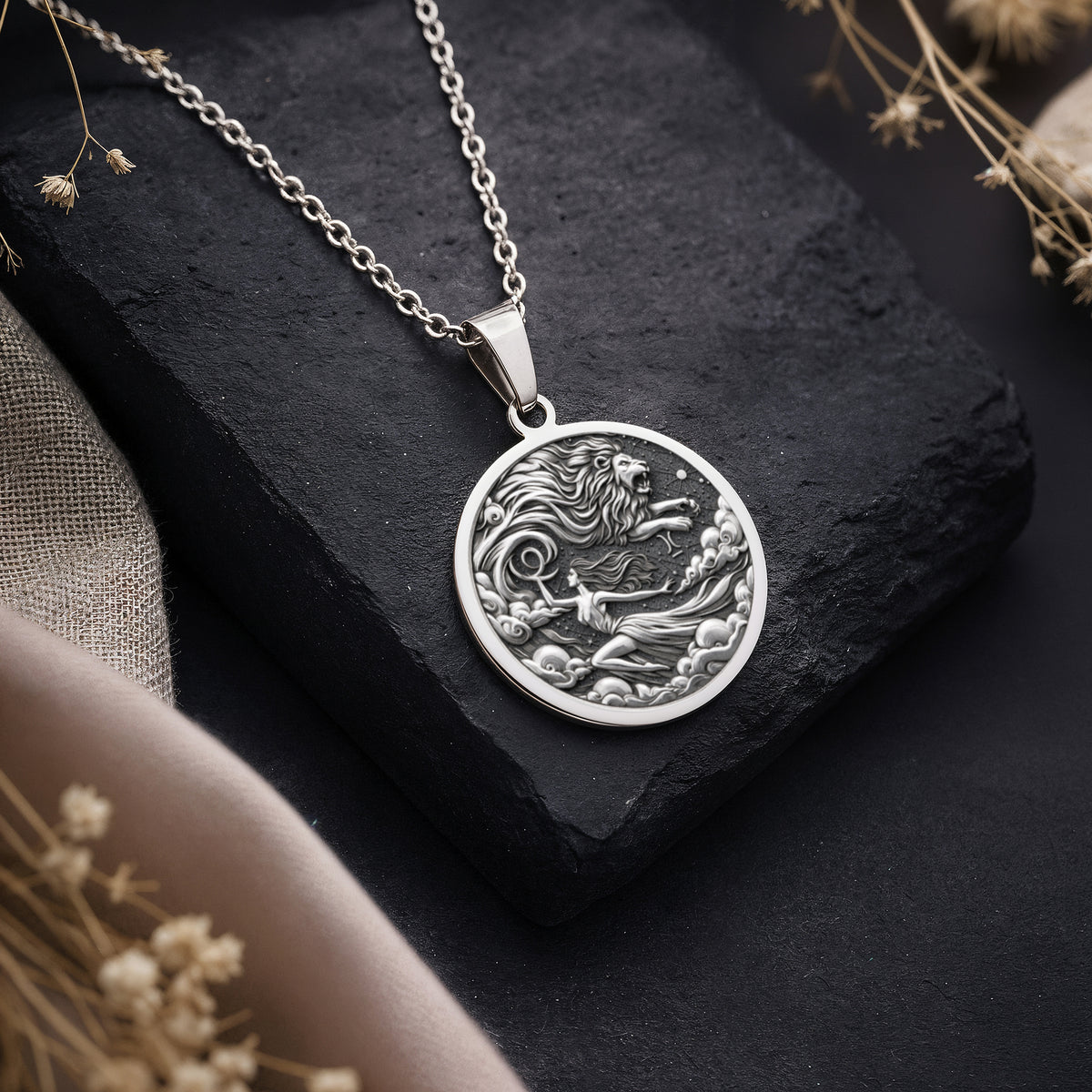 Leo Zodiac Sign Necklace Necklaces 925 925 Sterling Silver pendant necklace featuring a mythological lion design on a round disc.