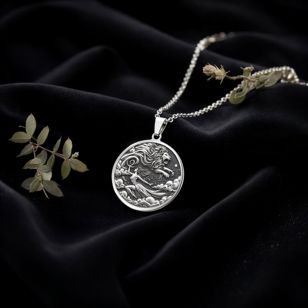 Leo Zodiac Sign Necklace Necklaces 925 925 Sterling Silver round pendant featuring a mythological figure design on a delicate chain.