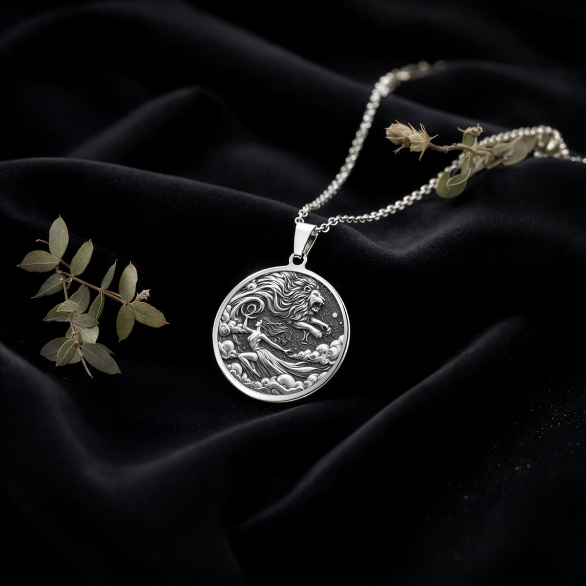 Leo Zodiac Sign Necklace Necklaces 925 925 Sterling Silver round pendant featuring a mythological figure design on a delicate chain.