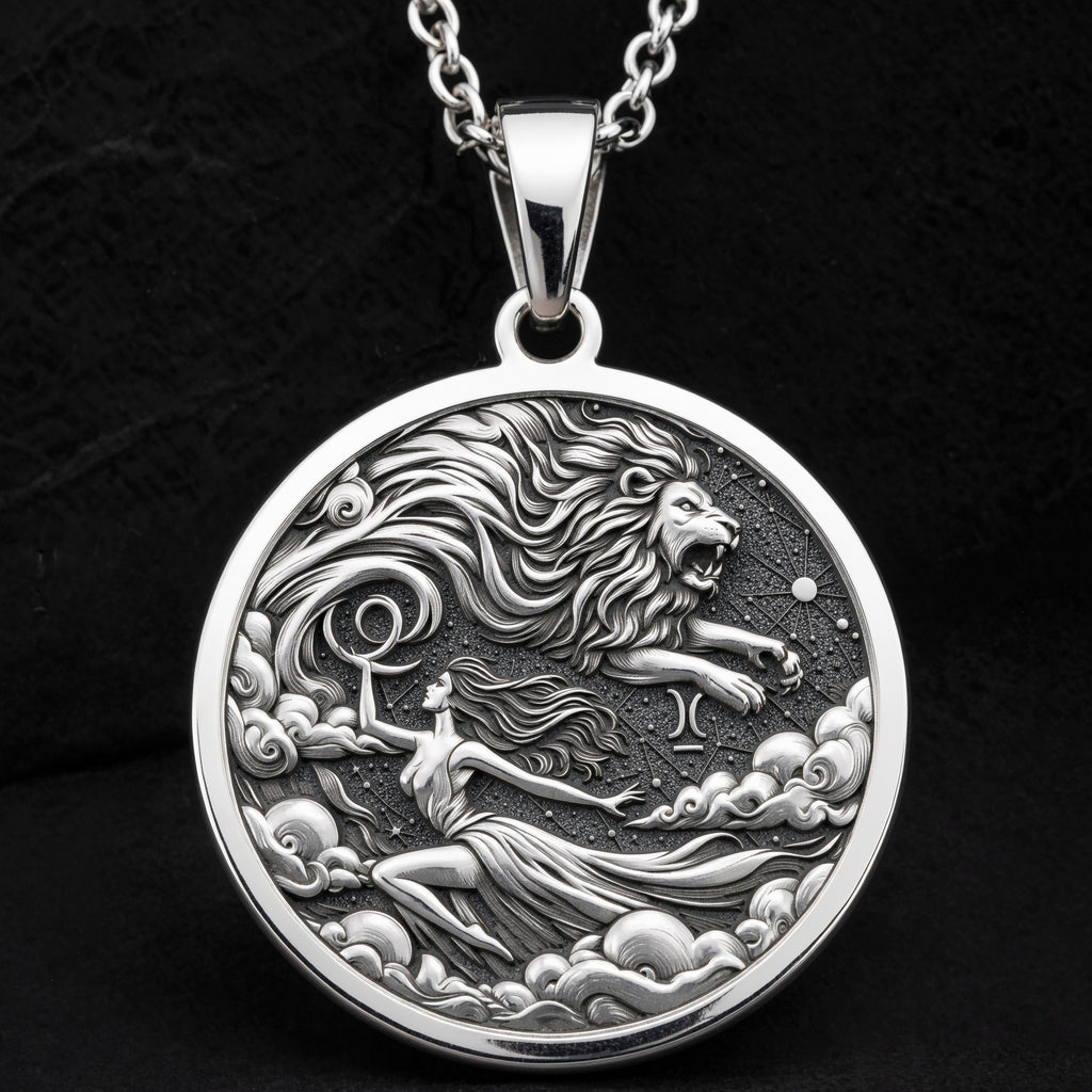 Leo Zodiac Sign Necklace Necklaces 925 925 Sterling Silver lion and female figure pendant necklace with celestial design