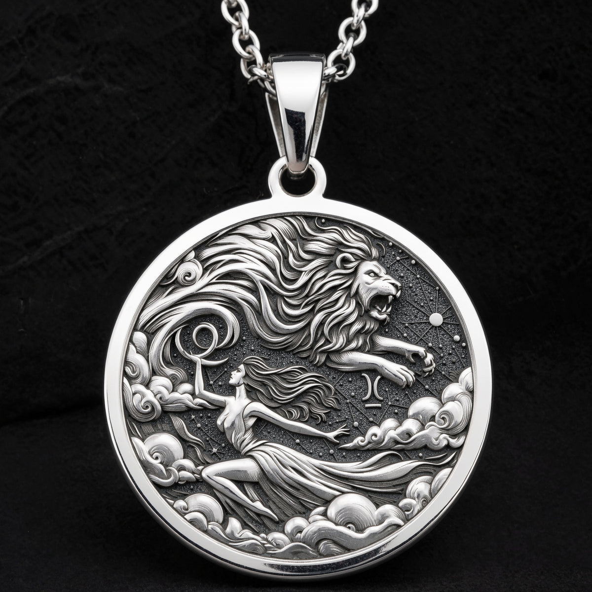 Leo Zodiac Sign Necklace Necklaces 925 925 Sterling Silver lion and female figure pendant necklace with celestial design