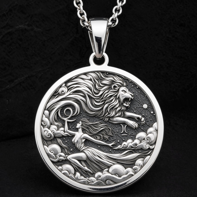 Leo Zodiac Sign Necklace Necklaces 925 925 Sterling Silver lion and female figure pendant necklace with celestial design
