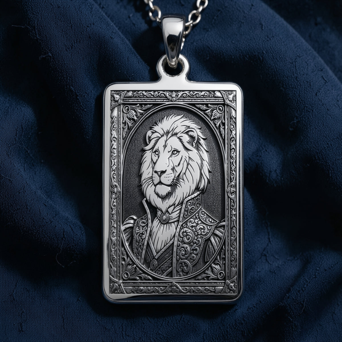 Angled perspective of 925 Sterling Silver Regal Lion Man Portrait Rectangle Pendant Necklace, showcasing textured border craftsmanship in solid hypoallergenic 925 sterling silver.