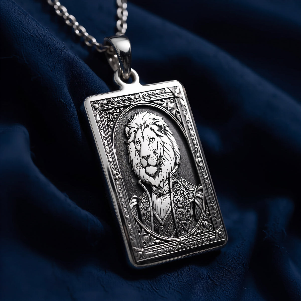 Macro detail view of 925 Sterling Silver Regal Lion Man Portrait Rectangle Pendant Necklace, highlighting polished bail and three-dimensional relief.
