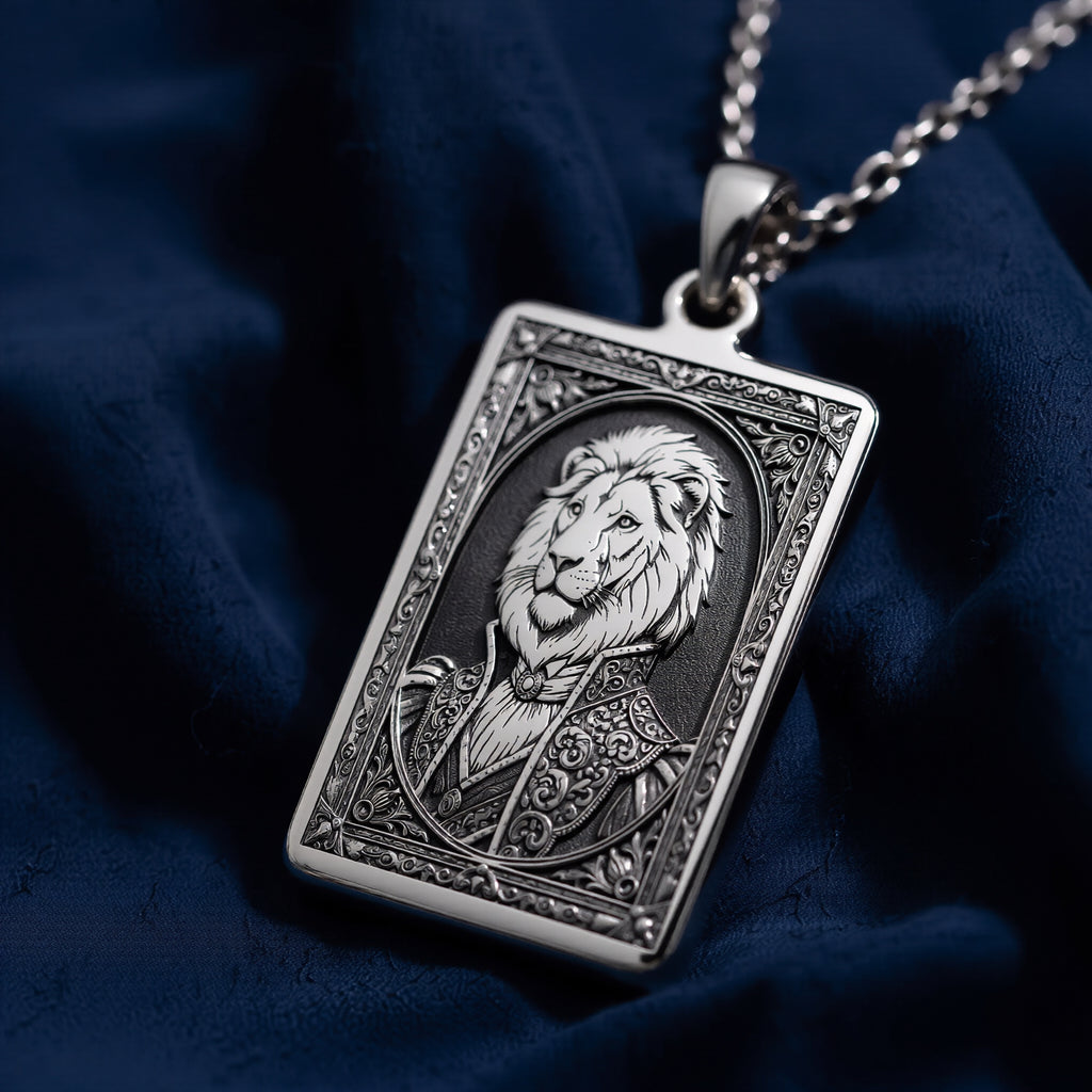 Side profile and bevel edge shot of 925 Sterling Silver Regal Lion Man Portrait Rectangle Pendant Necklace, crafted in durable solid hypoallergenic 925 sterling silver.
