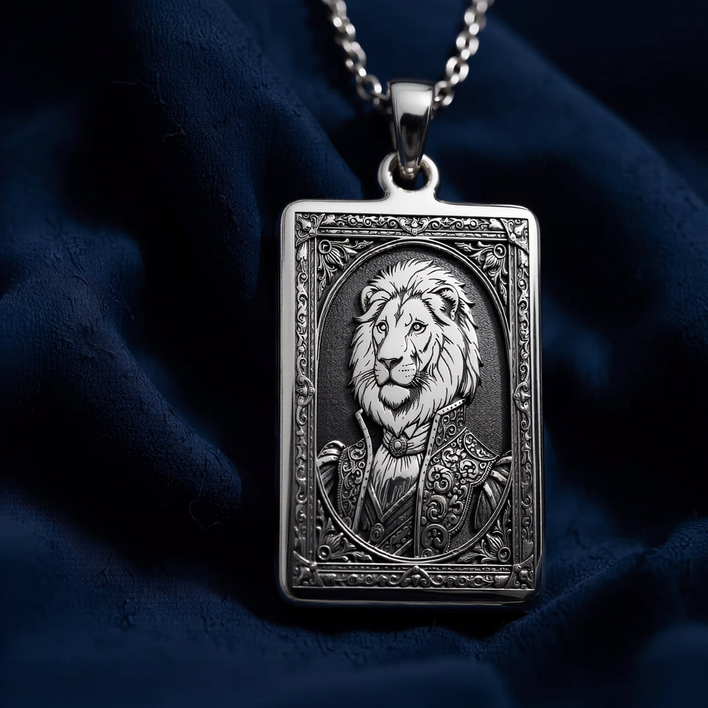 Elegant lifestyle display of 925 Sterling Silver Regal Lion Man Portrait Rectangle Pendant Necklace, showing wearable proportions for Courage & Leadership Strength Talisman Animal Lover Gift.