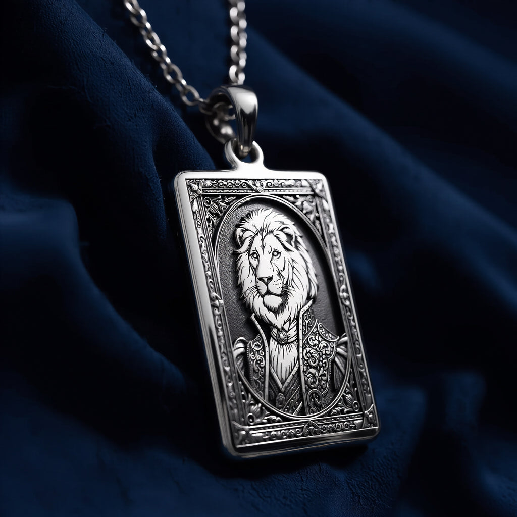 Back and reverse side view of 925 Sterling Silver Regal Lion Man Portrait Rectangle Pendant Necklace, smooth skin-safe hypoallergenic finish.