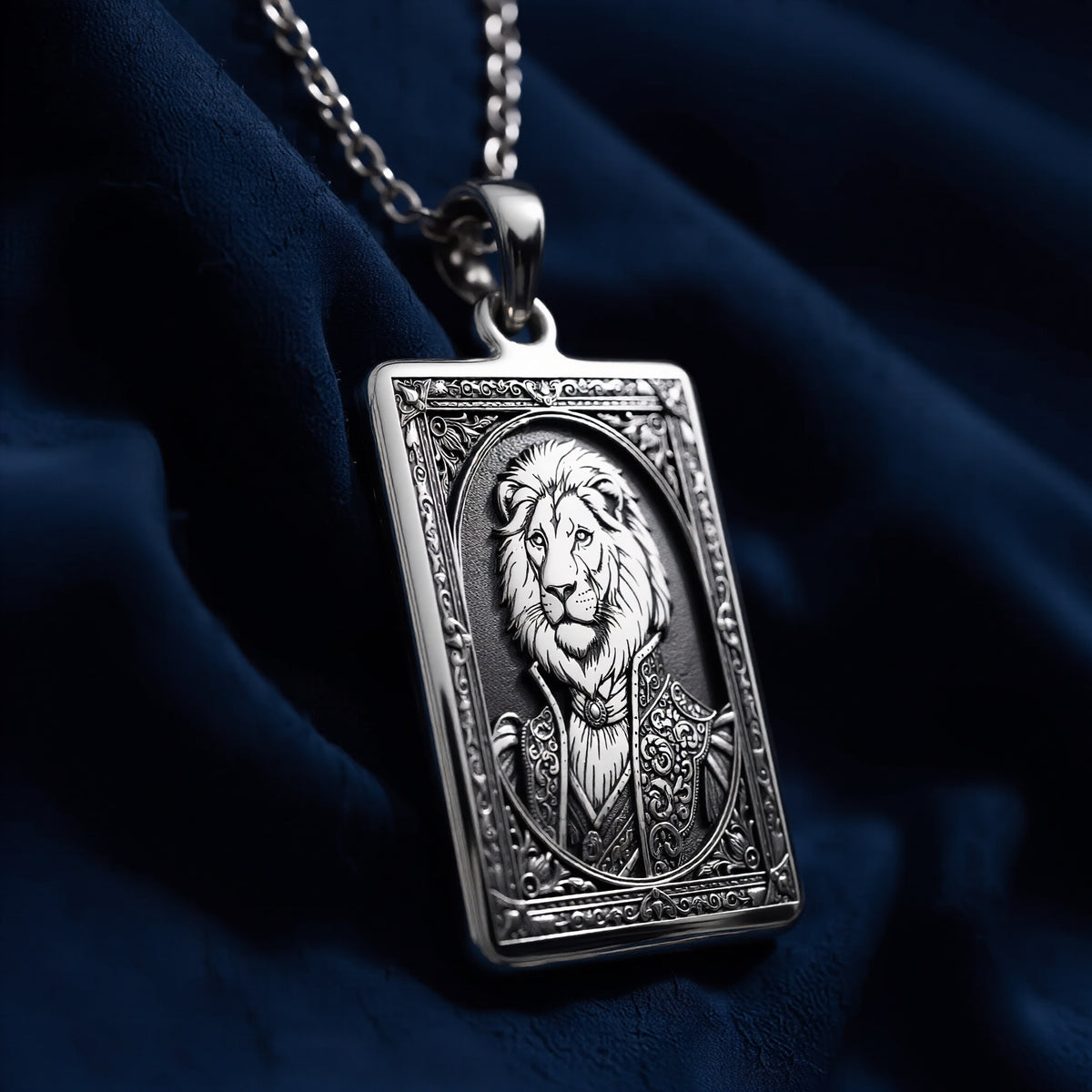 Back and reverse side view of 925 Sterling Silver Regal Lion Man Portrait Rectangle Pendant Necklace, smooth skin-safe hypoallergenic finish.
