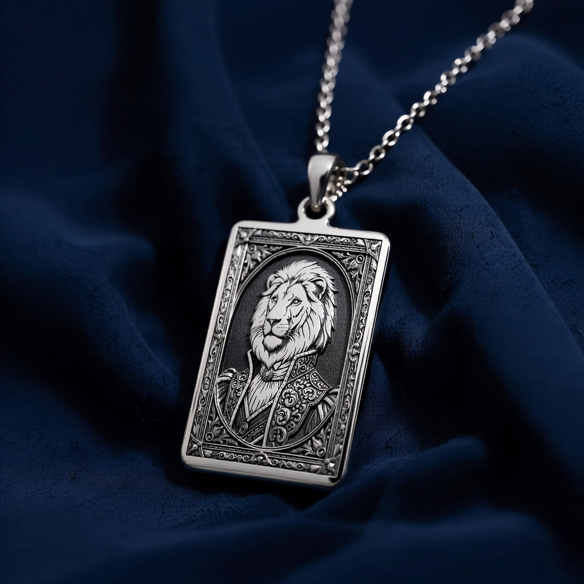 Atmospheric studio close-up of 925 Sterling Silver Regal Lion Man Portrait Rectangle Pendant Necklace, highlighting vintage aesthetic in solid hypoallergenic 925 sterling silver.