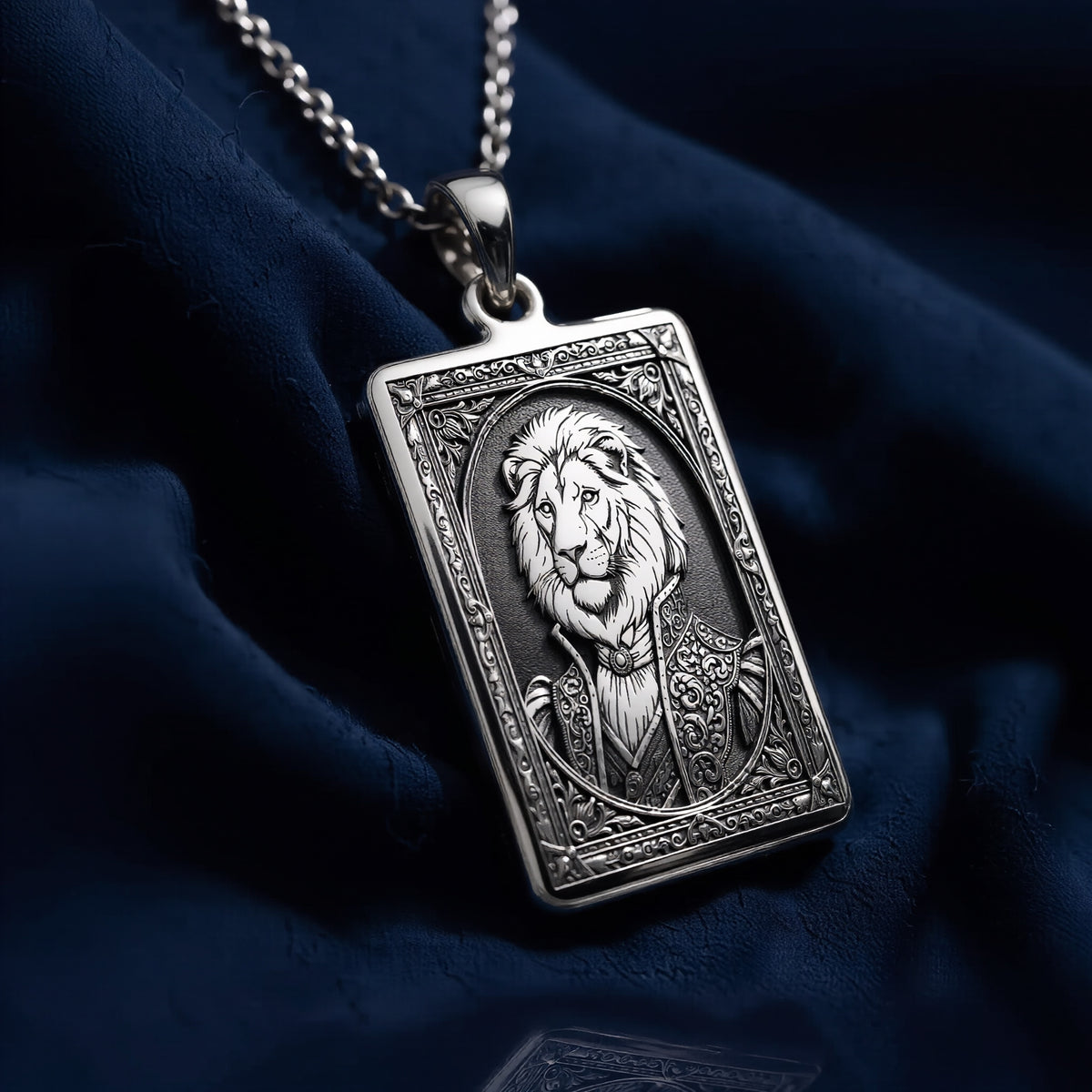 High-resolution detail shot of 925 Sterling Silver Regal Lion Man Portrait Rectangle Pendant Necklace, capturing fine hand-finished contours.