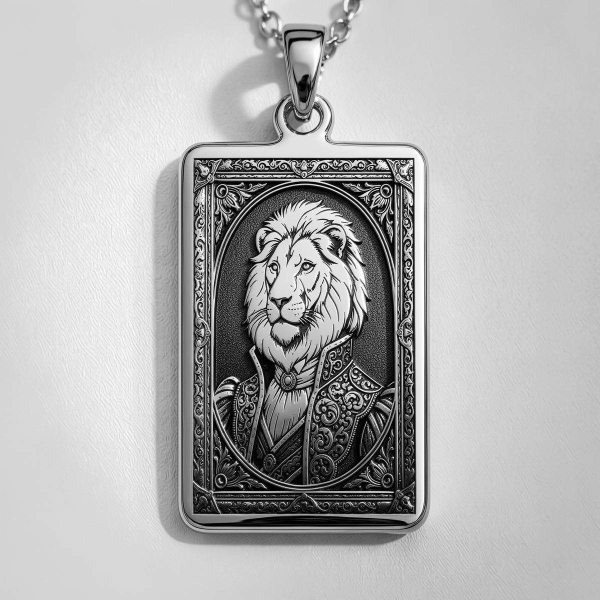 Studio front view of 925 Sterling Silver Regal Lion Man Portrait Rectangle Pendant Necklace, featuring Courage & Leadership Strength Talisman Animal Lover Gift with crisp engraved relief details.