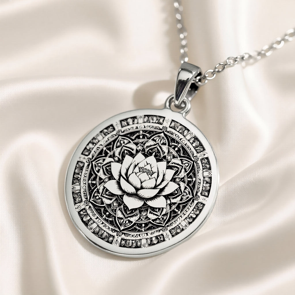 Silver pendant featuring a detailed lotus mandala design with intricate geometric patterns. The pendant has a textured surface finish and is displayed on a dark background with soft lighting