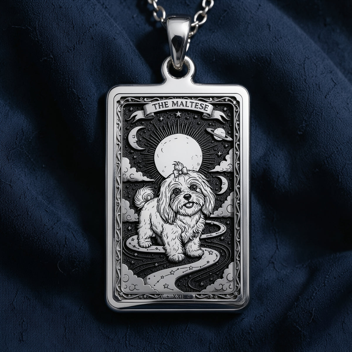 An heirloom-quality 14K solid gold Maltese tarot pendant. The art shows the fluffy dog in a "Sun" card, symbolizing a sunny personality, a precious dog mom gift.