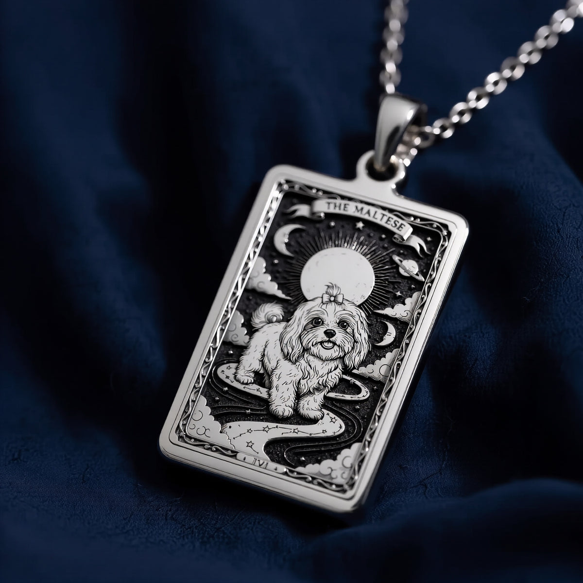A personalized 925 sterling silver Maltese necklace. This gift celebrates the affectionate heart of the Maltese, a cherished pet memorial keepsake.