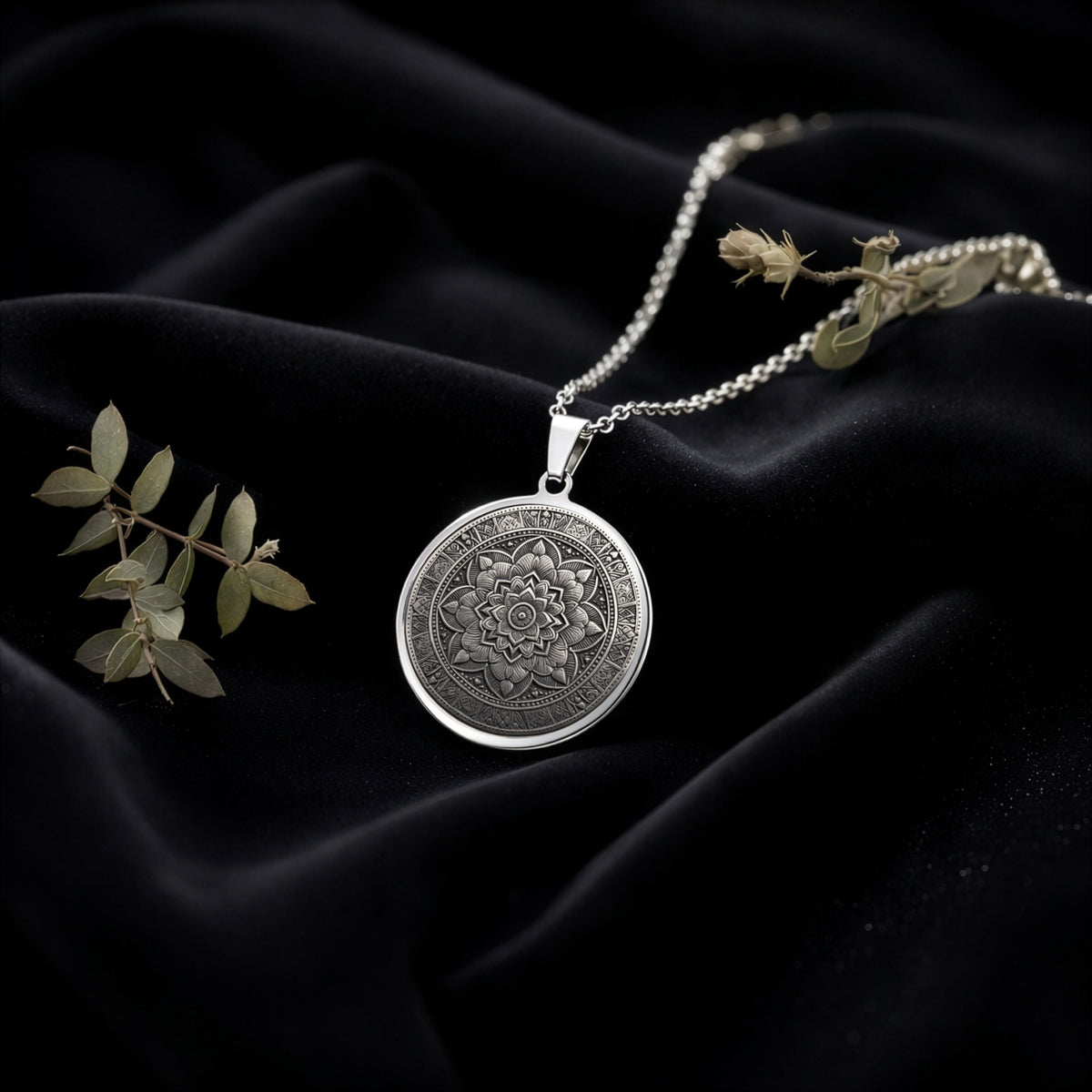 925 925 Sterling Silver Mandala Art Medallion Necklace Necklaces Oxidized silver round pendant necklace with intricate mandala design.