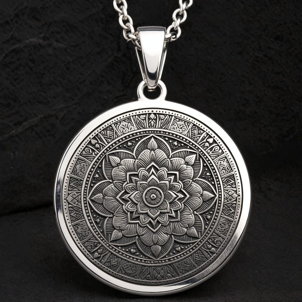 Mandala Art Medallion Necklace Necklaces 925 925 Sterling Silver round pendant with detailed floral mandala design necklace