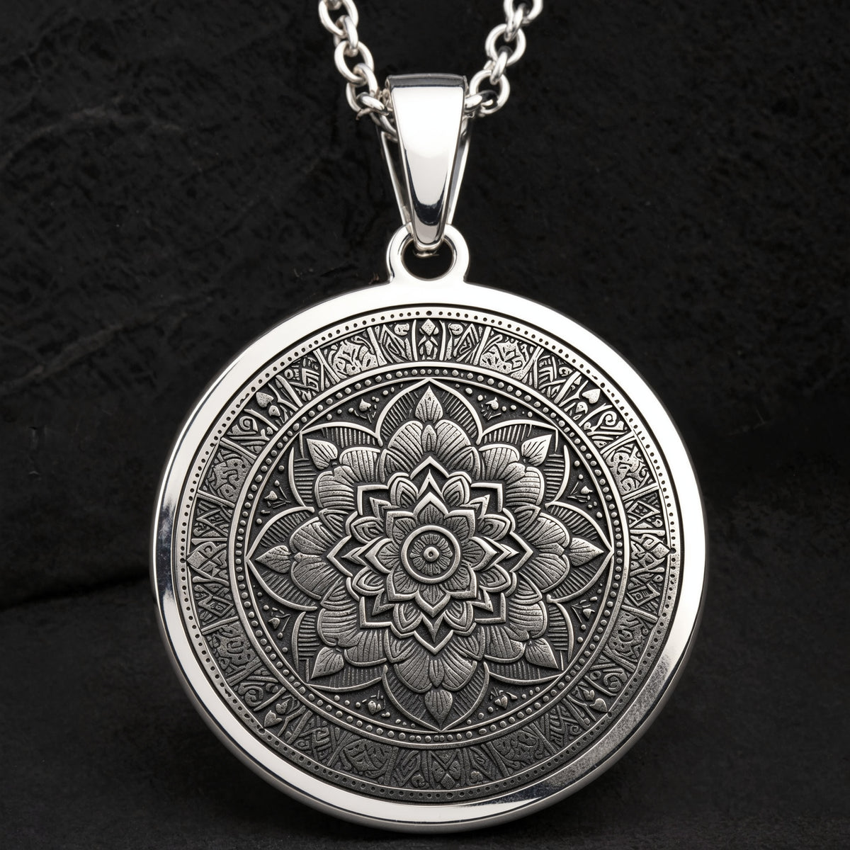Mandala Art Medallion Necklace Necklaces 925 925 Sterling Silver round pendant with detailed floral mandala design necklace