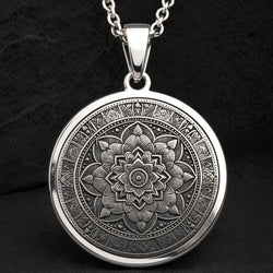 Sacred Mandala Art Medallion Necklace — 925 Sterling Silver round coin pendant with precision-engraved floral sacred geometry
