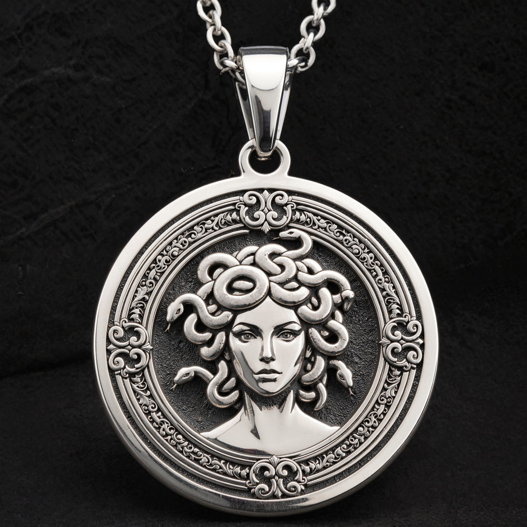 Medusa Gorgon Snake Hair Pendant Necklaces 925 925 Sterling Silver round pendant with an ornate framed portrait design necklace