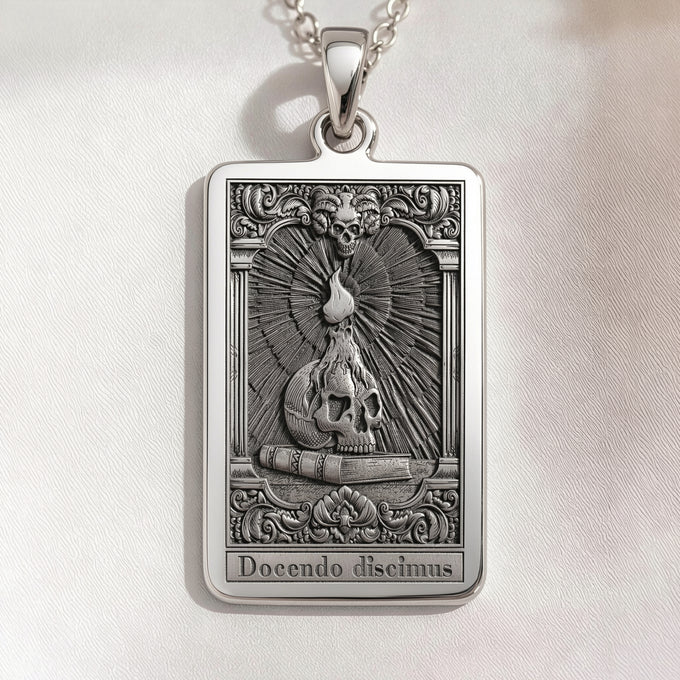 Memento Docendo Tarot Necklace pendant. Occult skull design in silver, gold plated, or rose gold plated options. Mystical tarot jewelry.