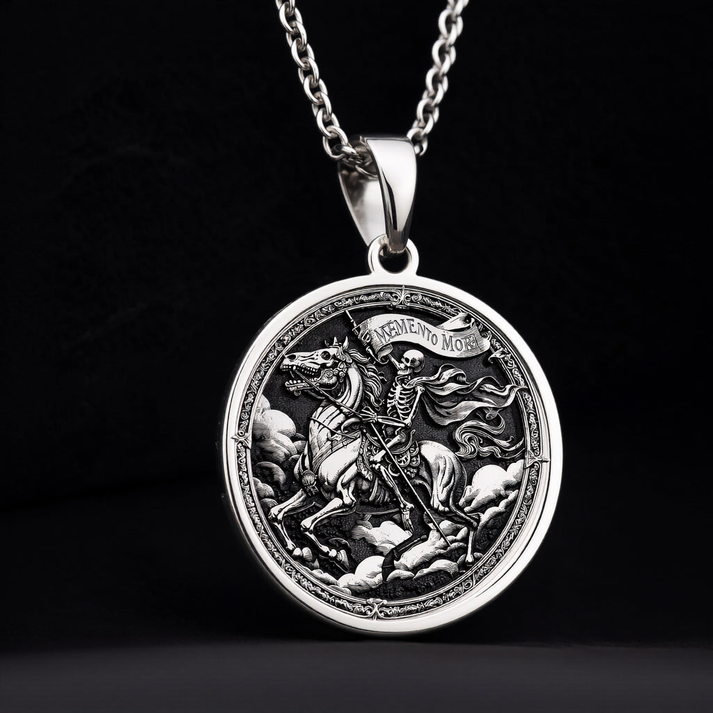 925 sterling silver Skeleton Horseman Memento Mori Pendant pendant featuring a detailed design.