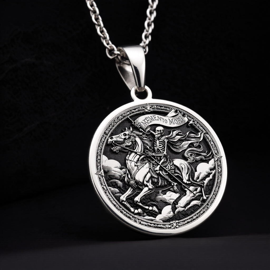 925 sterling silver Skeleton Horseman Memento Mori Pendant pendant featuring a detailed design.