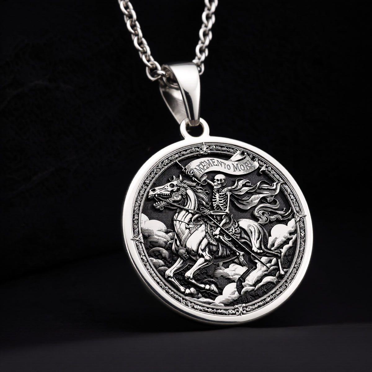 925 sterling silver Skeleton Horseman Memento Mori Pendant pendant featuring a detailed design.
